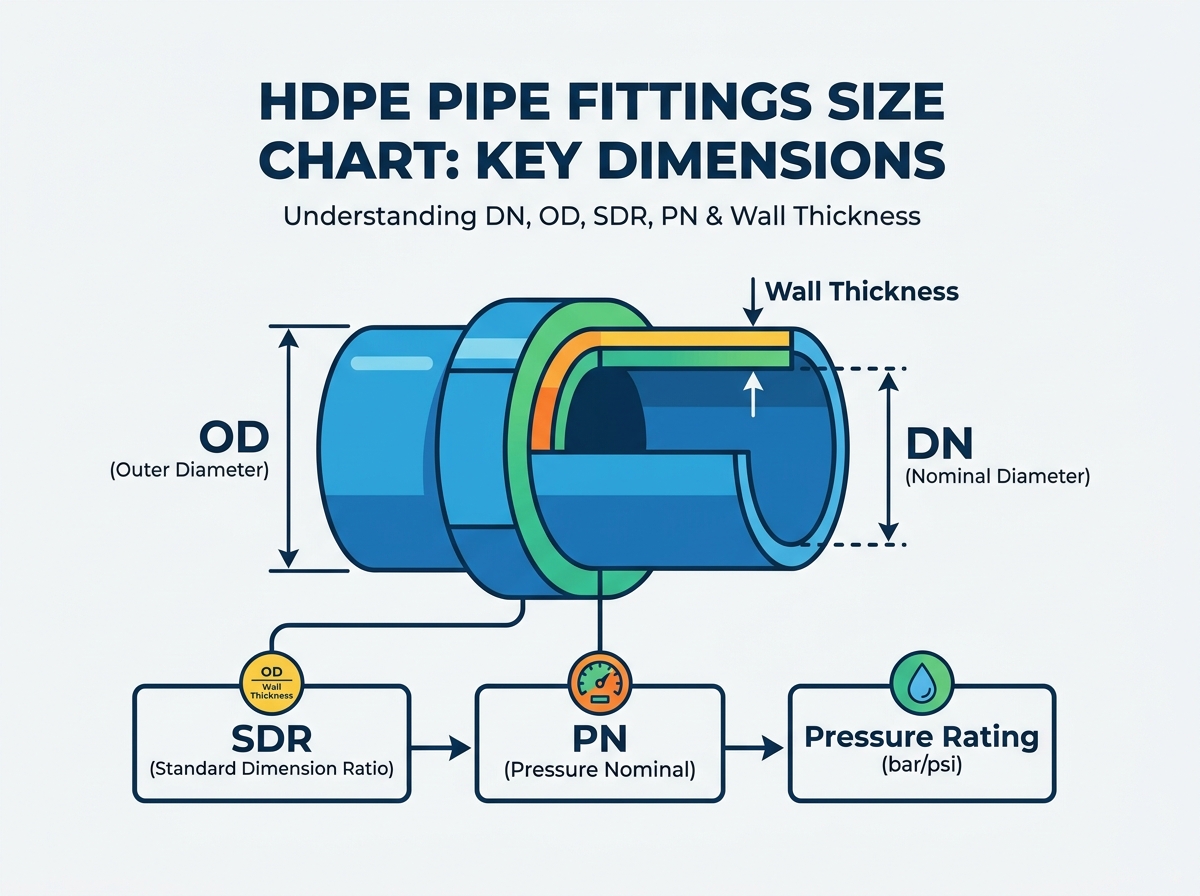 HDPE pipe fittings size chart and dimensional specifications